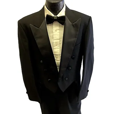 Vtg After Six Black Tuxedo Jacket FORMAL Tux TAILS SATIN Peak Lapel Prom Blazer • $149.99