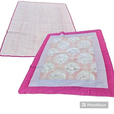 Vintage Floral Pink Purple Satin Handmade Quilt 64x80  Blanket Reversible Square • $42.95
