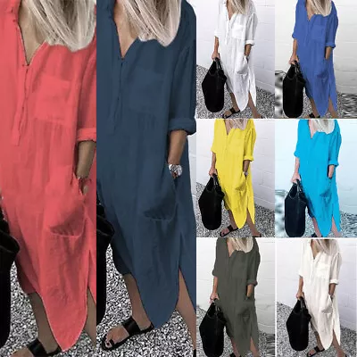 Plus Size Womens Cotton Linen Maxi Shirt Dress Kaftan Casual Baggy Long Tops 16 • $30.19