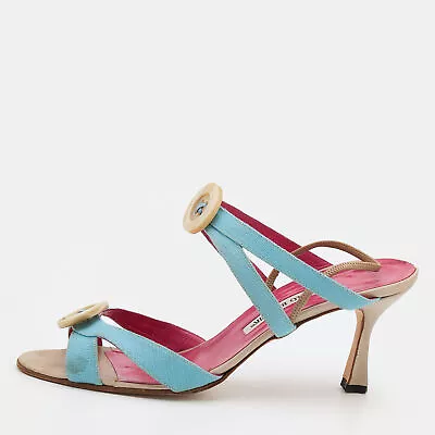 Manolo Blahnik Blue Canvas Button Strappy Slide Sandals Size 39.5 • $141.75