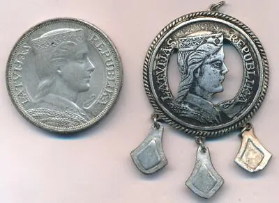 1932 Latvia 5 Lats Massive 25 Grams Silver Coin + Pendant Imitation From The Era • $65