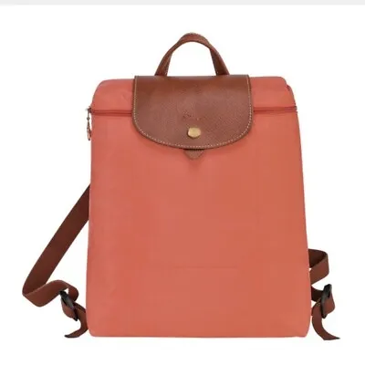 Longchamp Canvas Le Pliage Blush Pink Foldable Backpack NWT Brown Leather • $175