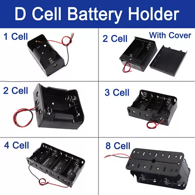 D Cell Battery Holder Case 1 2 3 4 8 X Black Plastic Cell Enclosed Box With Wire • £34.38