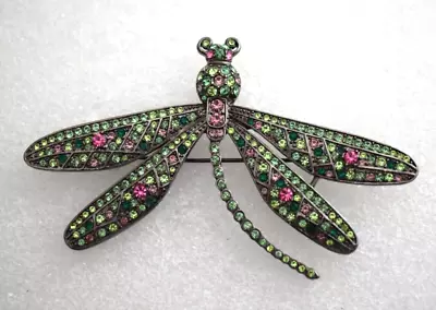 Vintage Graziano Green Pink Purple Rhinestone Dragonfly Brooch Pin • $29.90