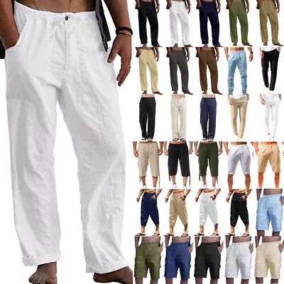 Mens Summer Cotton Linen Pants Sport Casual Baggy Elastic Waist Joggers Trousers • £11.49