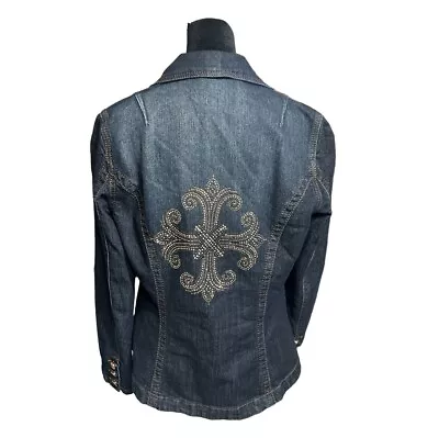 V Cristina Dark Wash Blue Jean Jacket Multicolor Rhinestone Cross Size Medium • $24.99