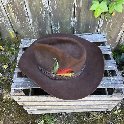 Stetson 4X Beaver Brown Western Cowboy Hat Feather John B Stetson 7 1/8  Vintage • $99