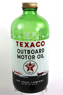 Vintage Texaco Outboard Motor Oil Bottle Green - Boats & Birds - NICE • $89