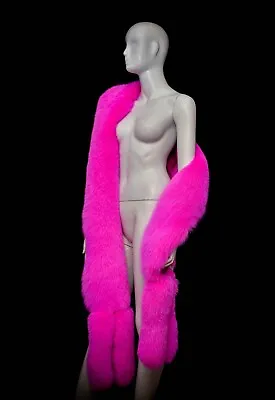 Genuine Neon Pink Fox Fur Superstar Stole Wrap Warmer Boa Shawl + Tails • $461.09