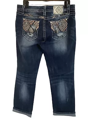 Miss Me Mid Rise Easy Crop Bling Rhinestones Distressed Jeans Size 33       (16) • $39.95