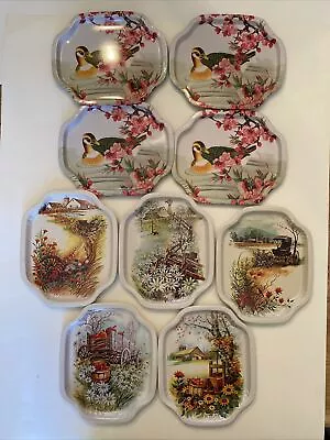 Vintage Metal Snack Tray Lot 9 Pcs- 2 Sets Floral Duck & Country Scenes Preowned • $14