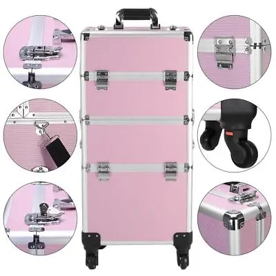 $72.98 • Buy Professional Salon Rolling Makeup Cases Travel Makeup Bag Organizer 3In1 Pink