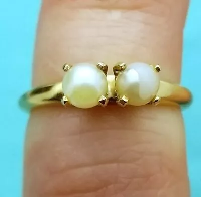 14K Twin Akoya Saltwater Pearls Ring-Gold-Natural-4mm Each-1.3mm Band-Vintage • $199