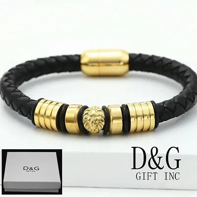 DG Men's 8  Stainless-SteelLion Black Braided.Leather Bracelet.Gold Plated BOX • $16.99