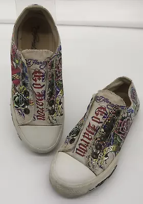 ED HARDY Size 5 True Love Rose Red Slip On Laceless Sneakers Shoes Graffiti • £26.02