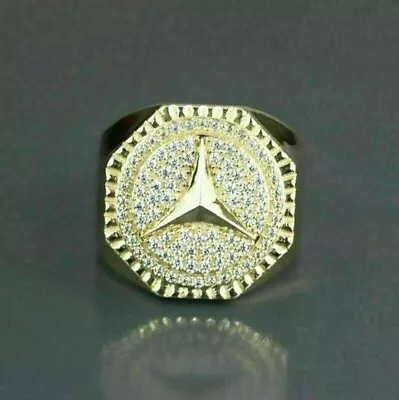 Men's Mercedes Sign Ring Round Cut Moissanite 14K Yellow Gold Plated 925 Silver • $178.62