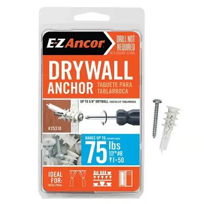 Twist-N-Lock 75 Lbs. Heavy Duty Drywall Anchors (50-Pack) Self Drilling Screws • $14.41