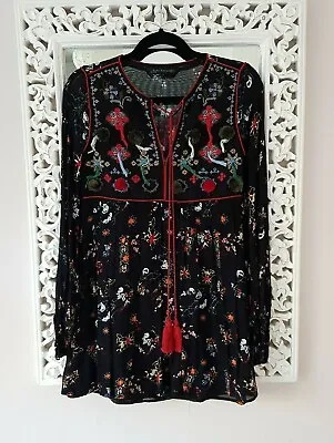 £25 • Buy Zara Woman Black Chiffon Floral Cross Stitch Pom Pom Lined Dress, Size XS UK 6-8