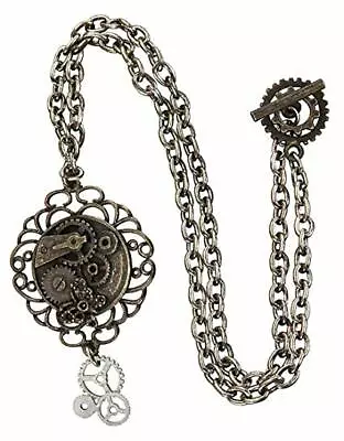 Steampunk Necklace Bronze & Silver Round Scalloped Edge Gear Costume Medallion • $8.98