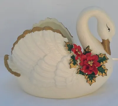 Vintage LARGE White SWAN Ceramic Porcelain Bowl Planter Holiday Poinsettia Xmas • $12.99