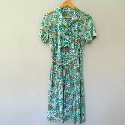 Vintage 60s-70s Shirt Dress Groovy Floral A-line Scarf Neck Lane Bryant Sz M-L • $48