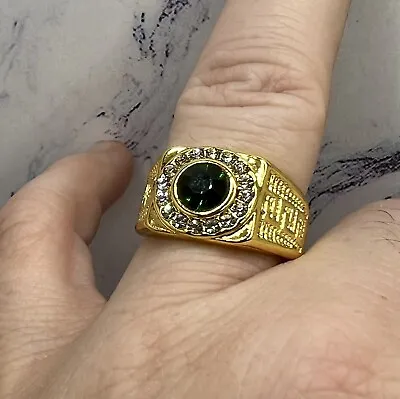 Mens Yellow Gold Plated Green And White Topaz Signet Ring Size 9 • $69