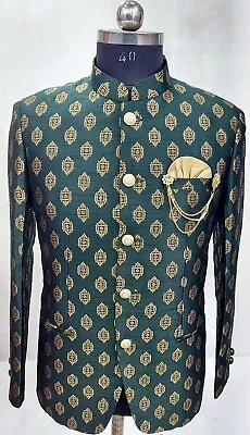Ethnic Nehru Jacket Men's Green With Gold Multiple Sizes 36 38 40 42 44 • $65