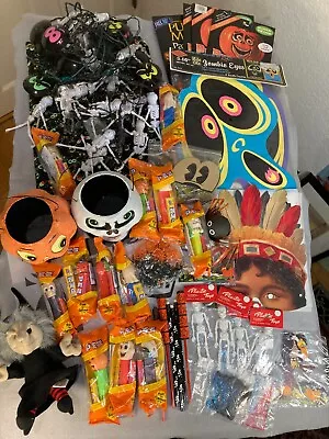 Junk Drawer Lot Of  Vintage Halloween Decorations Toys Mask Skeleton Cat Spider • $30