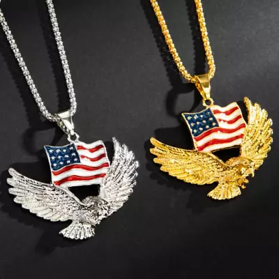 Mens American Bald Eagle With Flag Pendant Necklace Punk Biker Jewelry Chain 24  • $12.94