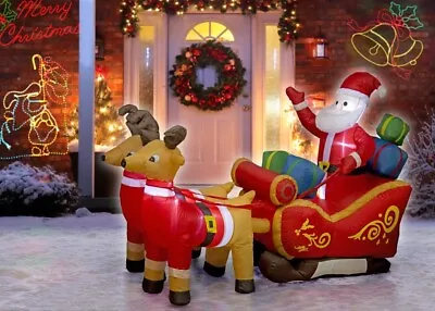 Christmas Inflatable Santa & Reindeer With Sleigh 8ft  2.4m Indoor And Outdoor • £49.95
