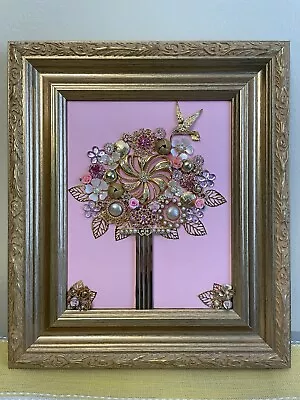 Mixed Media Vintage Framed Jewelry Art Pink And Gold Floral Collage W/Vase • $50