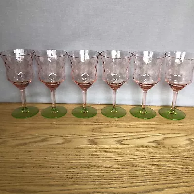 6 Vintage Tiffin? Watermelon Pink Optic Bowl Green Stem 6.5” Wine Glasses -Chips • $125