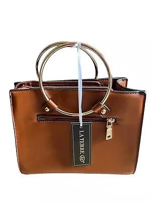 NWT La Terre Purse Gold Circle Handle Brown Seperate Shoulder Strap Vegan • $22.50