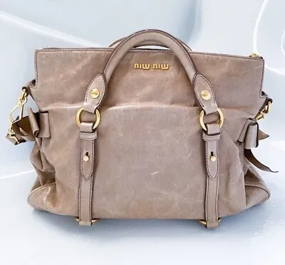 Miu Miu Women Beige Soft Leather Bow Large Satchel Bag Handbag • $650