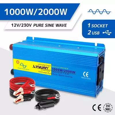£89.99 • Buy Pure Sine Wave 1000W 2000W Car Rv Power Inverter USB Converter DC 12v To AC 230v