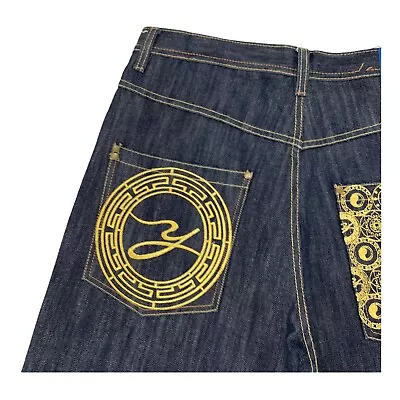 Yoni Jeans Mens Embroidered Embellishments On Rear Pockets Denim Blue Sz 36 X 32 • $21.99