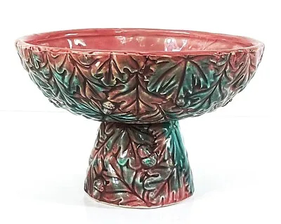 19th C ANTIQUE MAJOLICA OAK LEAVES & ACORNS FRUIT COMPOTE BURGUNDY & GREEN • $62.50