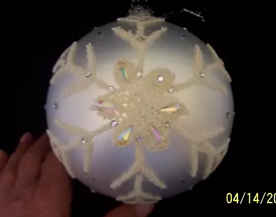 Large Christmas Vintage Glass Silver Ornament W/Snowflake & Stones 6  X 6  • $22