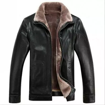 Men‘s Sheepskin Leather Coat Lamb Fur Lined Winter Warm Jacket Lapel Collar Chic • $79.36
