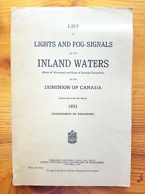 1952 List Of Lights & Fog Signals Inland Waters British Columbia Montreal Canada • $10