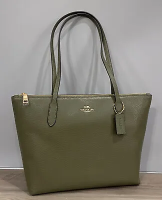 COACH C7946 Zip Top Tote Shoulder Bag Refined Pebble Leather Military Green • $158