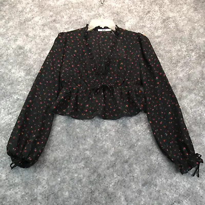 Francescas Mi Ami Shirt Womens Extra Small Black Floral Cropped Long Sleeve Top • $8.48