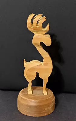 Wooden Hand Carved Deer Elk Moose Figurine Rustic Pedestal Signed 4   Height • $9.99