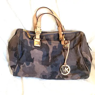 MICHAEL KORS Women's Grayson Handbag Purse Blue Taupe Camo Leather Satchel • $199.99