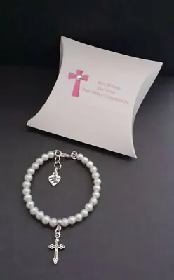 £5.95 • Buy White Pearl & Cross First Holy Communion Charm Bracelet And Gift Box 