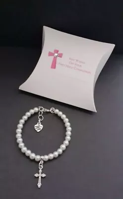 White Pearl & Cross First Holy Communion Charm Bracelet And Gift Box  • £6.50