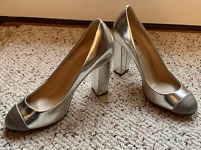 J CREW $278 Silver Cap Toe Chunky Heels 5 5.5 RARE HTF NEW • $59.95