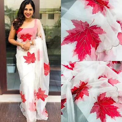 $77.54 • Buy Ethnic Wear Indian Women White Organza Designer Saree Floral Party Sari Blouse