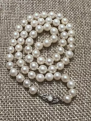 Vintage Estate Real 8mm Chalky White Pearl Necklace With Unique Clasp 16.5” • $35