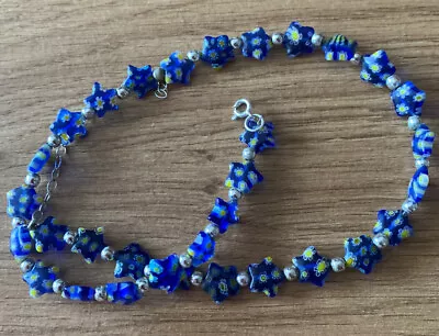 BLUE Millefiori Bead Necklace - 925 Sterling Silver - 16  • £9.99